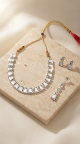 Zelya Mirror Crystal Adjustable Necklace Set for Women | Silver Finish Choker with Matching Earrings | Statement Jewellery Set
