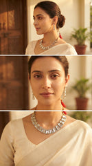 Zelya Mirror Crystal Adjustable Necklace Set for Women | Silver Finish Choker with Matching Earrings | Statement Jewellery Set