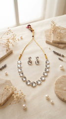 Zelya Premium Hexagon Mirror Necklace Set for Women | Silver Finish Adjustable Mirror Jewellery with Matching Earrings & Maang Tikka