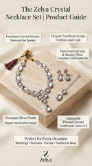 Premium Crystal Teardrop Necklace Set for Women | Silver Finish Adjustable Necklace with Earrings & Maang Tikka
