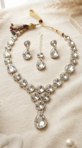 Premium Crystal Teardrop Necklace Set for Women | Silver Finish Adjustable Necklace with Earrings & Maang Tikka
