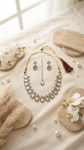 Premium Hexa Mirror Necklace Set for Women | Silver Finish Adjustable Mirror Jewellery with Matching Earrings & Maang Tikka
