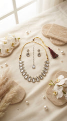 Premium Hexa Mirror Necklace Set for Women | Silver Finish Adjustable Mirror Jewellery with Matching Earrings & Maang Tikka