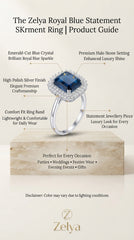 Royal Blue Statement Ring for Women | Emerald-Cut Blue Crystal Halo Ring | Silver Finish Adjustable Cocktail Ring