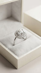Solitaire Halo Ring for Women | Round-Cut Crystal Statement Ring | Silver Finish Adjustable Ring