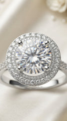 Solitaire Halo Ring for Women | Round-Cut Crystal Statement Ring | Silver Finish Adjustable Ring