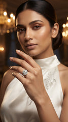 Solitaire Halo Ring for Women | Round-Cut Crystal Statement Ring | Silver Finish Adjustable Ring