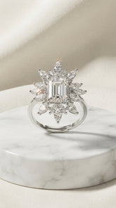 Radiant Snowflake Statement Ring for Women | Emerald-Cut Crystal Halo Ring | Silver Finish Adjustable Ring