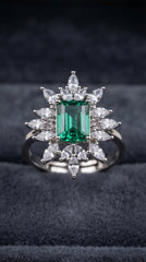 Emerald Bloom Statement Ring for Women | Emerald-Cut Crystal Floral Halo Ring | Silver Finish Adjustable Ring