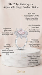 Blush Pink Floral Statement Ring for Women | Adjustable Crystal Cocktail Ring | Silver Finish Luxury Ring