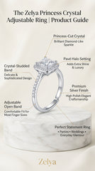 Princess Cut Crystal Adjustable Ring for Women | Silver Finish Halo Statement Ring | Luxury Party Ring