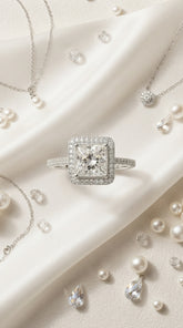 Princess Cut Crystal Adjustable Ring for Women | Silver Finish Halo Statement Ring | Luxury Party Ring