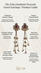 Kashmiri Peacock Tassel Earrings for Women | Antique Oxidized Earrings with Ruby Stone & Ghungroo Tassels | Ethnic Statement Earrings