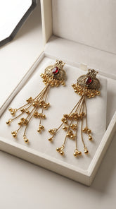 Kashmiri Peacock Tassel Earrings for Women | Antique Oxidized Earrings with Ruby Stone & Ghungroo Tassels | Ethnic Statement Earrings