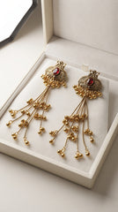 Kashmiri Peacock Tassel Earrings for Women | Antique Oxidized Earrings with Ruby Stone & Ghungroo Tassels | Ethnic Statement Earrings