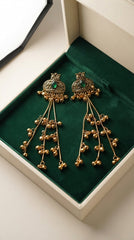 Kashmiri Peacock Tassel Earrings for Women | Antique Dual-Tone Earrings with Emerald Green Stone & Ghungroo Tassels | Ethnic Statement Earrings