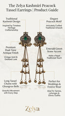 Kashmiri Peacock Tassel Earrings for Women | Antique Dual-Tone Earrings with Emerald Green Stone & Ghungroo Tassels | Ethnic Statement Earrings