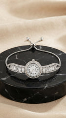 Zelya Crystal Adjustable Watch Bracelet for Women | Silver Luxury Bracelet Watch