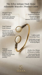 Antique Dual Stone Adjustable Cuff Bracelet for Women | Vintage Brass Open Bangle | Ivory Stone Ethnic Bracelet