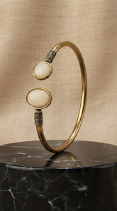 Antique Dual Stone Adjustable Cuff Bracelet for Women | Vintage Brass Open Bangle | Ivory Stone Ethnic Bracelet