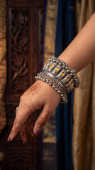 Amber Stone Oxidised Ghungroo Cuff Bracelet
