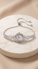 Zelya Crystal Adjustable Watch Bracelet for Women | Silver Luxury Bracelet Watch