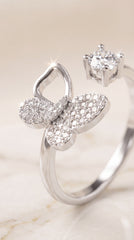 Zelya Crystal Butterfly Adjustable Ring for Women | Silver Zircon Statement Ring