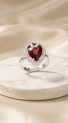 Zelya Ruby Heart Crystal Adjustable Ring for Women | Silver Halo Statement Ring