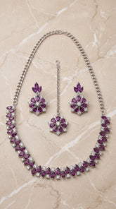 Zelya Royal Purple Crystal Necklace Set with Earrings & Maang Tikka for Women