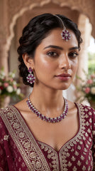 Zelya Royal Purple Crystal Necklace Set with Earrings & Maang Tikka for Women
