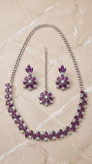 Zelya Royal Purple Crystal Necklace Set with Earrings & Maang Tikka for Women