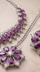 Zelya Royal Purple Crystal Necklace Set with Earrings & Maang Tikka for Women