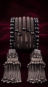 Zelya Black Crystal Multi-Layer Bracelet with Tassel Earrings Set for Women | Boho Statement Jewelry