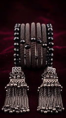 Zelya Black Crystal Multi-Layer Bracelet with Tassel Earrings Set for Women | Boho Statement Jewelry