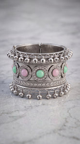 Zelya Premium Oxidised Pastel Stone Bracelet for Women | Handcrafted Ghungroo Ethnic Cuff Bracelet