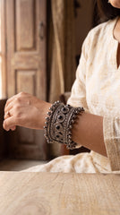 Zelya Premium Oxidised Black Stone Cuff Bracelet for Women | Traditional Ghungroo Ethnic Kada