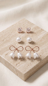 Zelya Elegant 3 Pair Earrings Gift Set for Women | Crystal Studs, Pearl Studs & Rose Gold Tulip Earrings