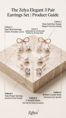 Zelya Elegant 3 Pair Earrings Gift Set for Women | Crystal Studs, Pearl Studs & Rose Gold Tulip Earrings