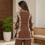 Mocha Brown Taj Cotton 3-Piece Kurta Set with Embroidered Koti