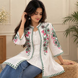 White Floral Embroidered Kurta Pant & Koti Set