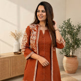 Rust Brown Embroidered Kurta Pant & Koti Set