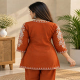 Rust Brown Embroidered Kurta Pant & Koti Set