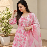 Pink Floral Taj Cotton Kurta Set with Dupatta
