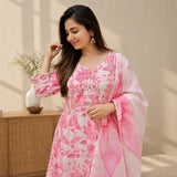 Pink Floral Taj Cotton Kurta Set with Dupatta