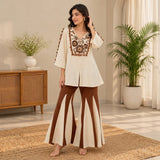 Ivory & Mocha Floral Embroidered Kurta Palazzo Set