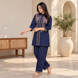 Navy Blue Floral Embroidered Kurta Pant Set