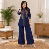 Navy Blue Floral Embroidered Kurta Pant Set