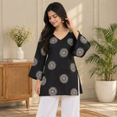 Black Mandala Print Short Kurti with V-Neck