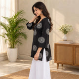 Black Mandala Print Short Kurti with V-Neck