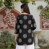 Black Mandala Print Short Kurti with V-Neck